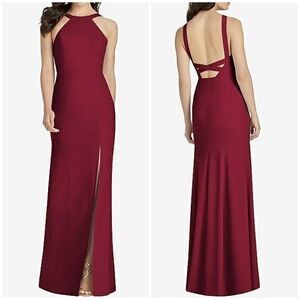 NWT Dessy Collection High Halter Neck Open Back Crepe Gown Dress Burgundy Sz 18